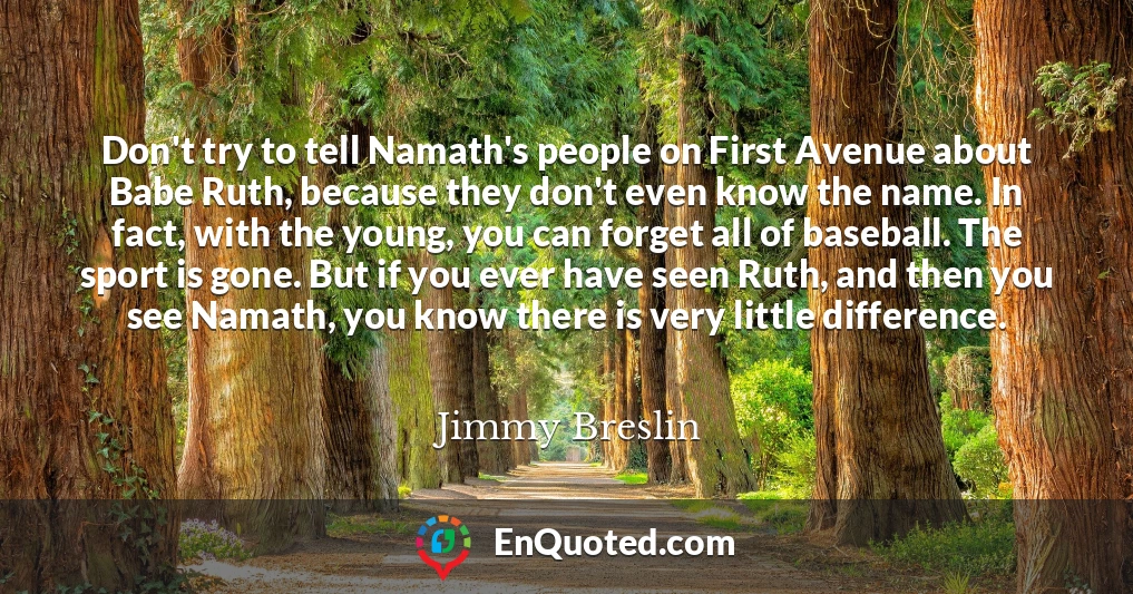 Don't try to tell Namath's people on First Avenue about Babe Ruth, because they don't even know the name. In fact, with the young, you can forget all of baseball. The sport is gone. But if you ever have seen Ruth, and then you see Namath, you know there is very little difference.