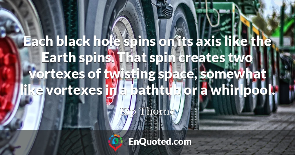 Each black hole spins on its axis like the Earth spins. That spin creates two vortexes of twisting space, somewhat like vortexes in a bathtub or a whirlpool.