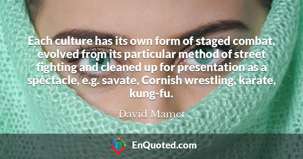 Each culture has its own form of staged combat, evolved from its particular method of street fighting and cleaned up for presentation as a spectacle, e.g. savate, Cornish wrestling, karate, kung-fu.