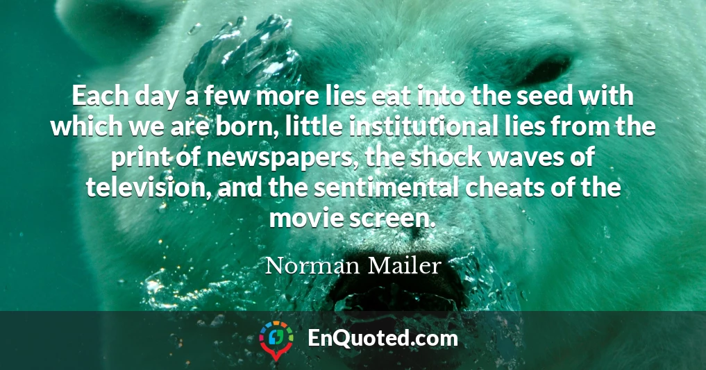 Each day a few more lies eat into the seed with which we are born, little institutional lies from the print of newspapers, the shock waves of television, and the sentimental cheats of the movie screen.