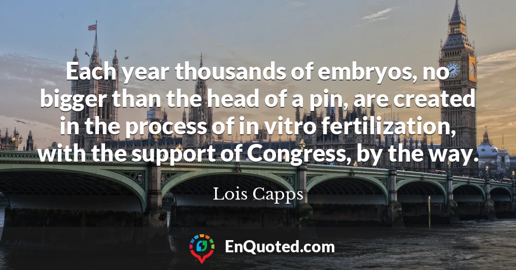 Each year thousands of embryos, no bigger than the head of a pin, are created in the process of in vitro fertilization, with the support of Congress, by the way.