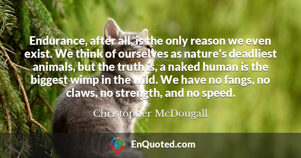 Endurance, after all, is the only reason we even exist. We think of ourselves as nature's deadliest animals, but the truth is, a naked human is the biggest wimp in the wild. We have no fangs, no claws, no strength, and no speed.