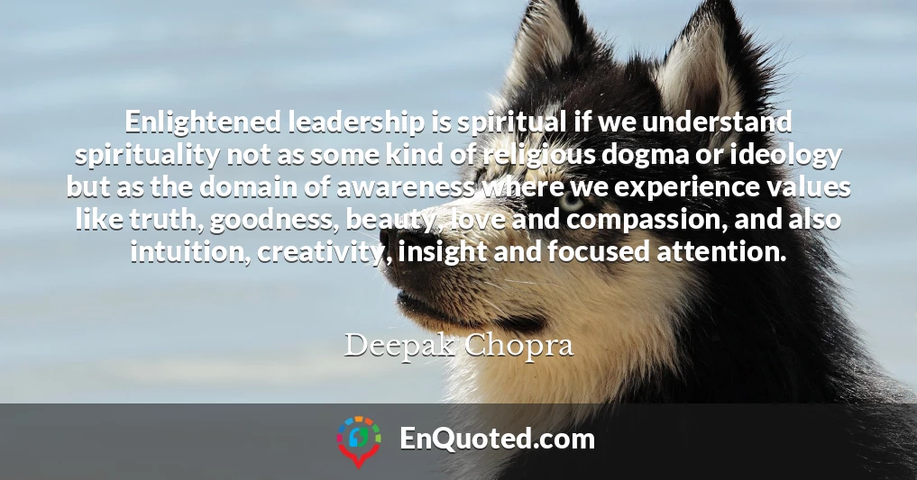 Enlightened leadership is spiritual if we understand spirituality not as some kind of religious dogma or ideology but as the domain of awareness where we experience values like truth, goodness, beauty, love and compassion, and also intuition, creativity, insight and focused attention.