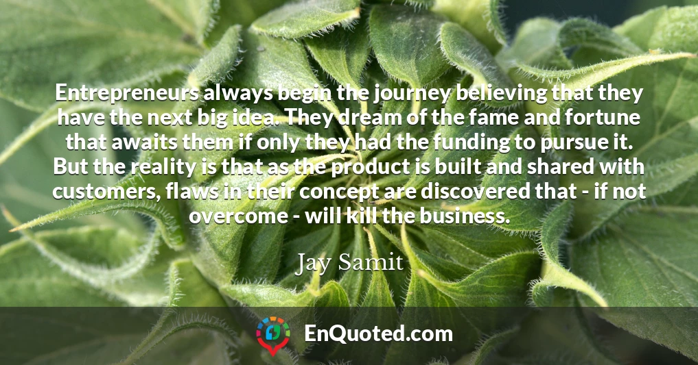 Entrepreneurs always begin the journey believing that they have the next big idea. They dream of the fame and fortune that awaits them if only they had the funding to pursue it. But the reality is that as the product is built and shared with customers, flaws in their concept are discovered that - if not overcome - will kill the business.