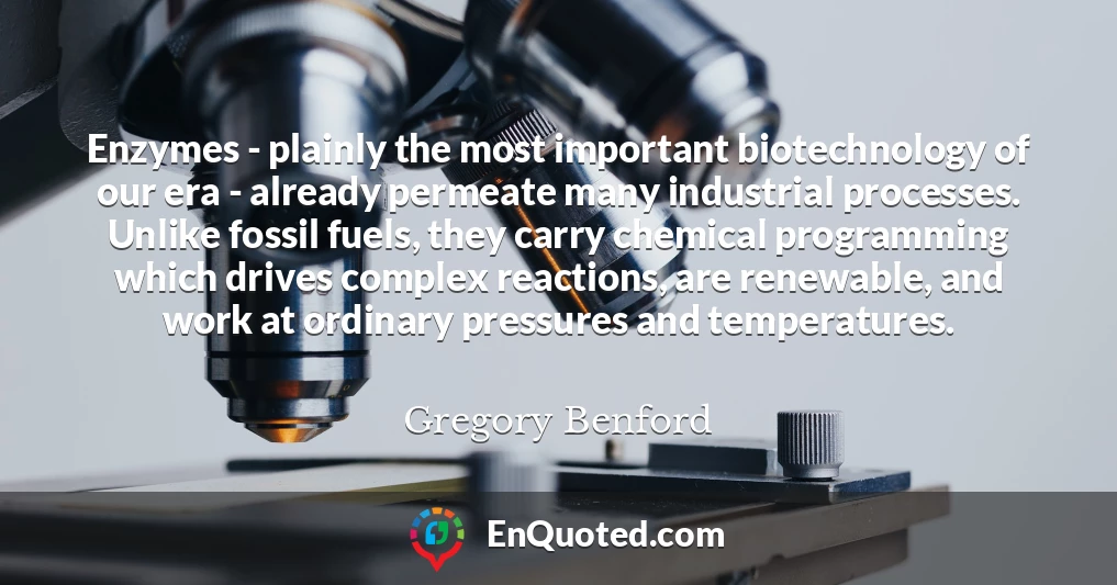 Enzymes - plainly the most important biotechnology of our era - already permeate many industrial processes. Unlike fossil fuels, they carry chemical programming which drives complex reactions, are renewable, and work at ordinary pressures and temperatures.