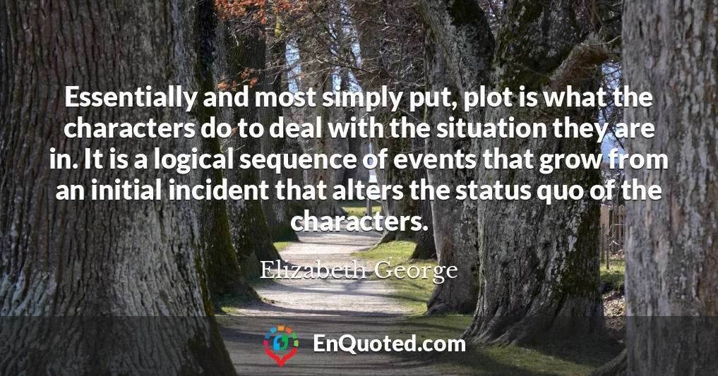 Essentially and most simply put, plot is what the characters do to deal with the situation they are in. It is a logical sequence of events that grow from an initial incident that alters the status quo of the characters.