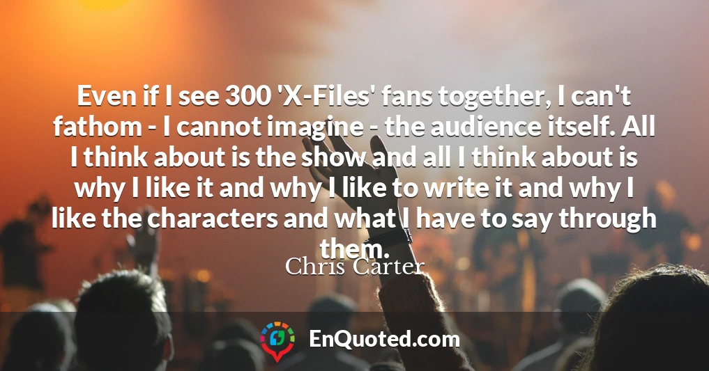 Even if I see 300 'X-Files' fans together, I can't fathom - I cannot imagine - the audience itself. All I think about is the show and all I think about is why I like it and why I like to write it and why I like the characters and what I have to say through them.