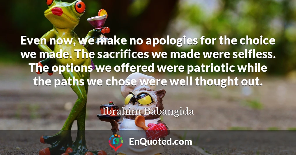 Even now, we make no apologies for the choice we made. The sacrifices we made were selfless. The options we offered were patriotic while the paths we chose were well thought out.