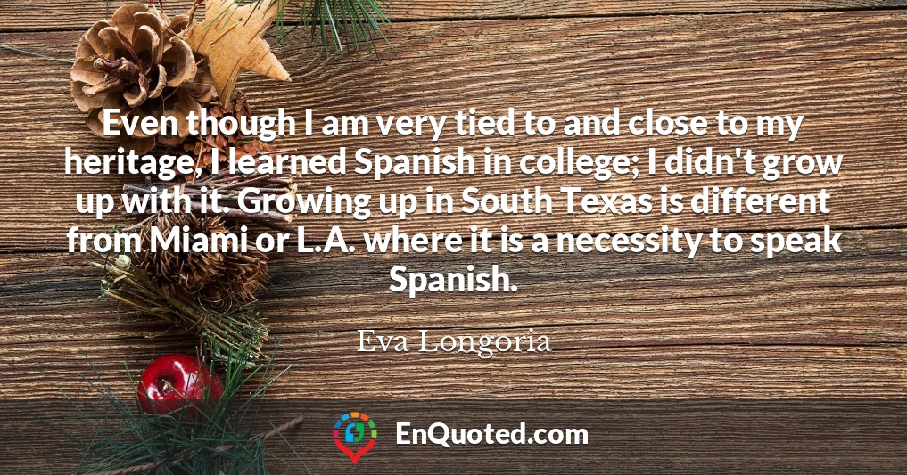 Even though I am very tied to and close to my heritage, I learned Spanish in college; I didn't grow up with it. Growing up in South Texas is different from Miami or L.A. where it is a necessity to speak Spanish.