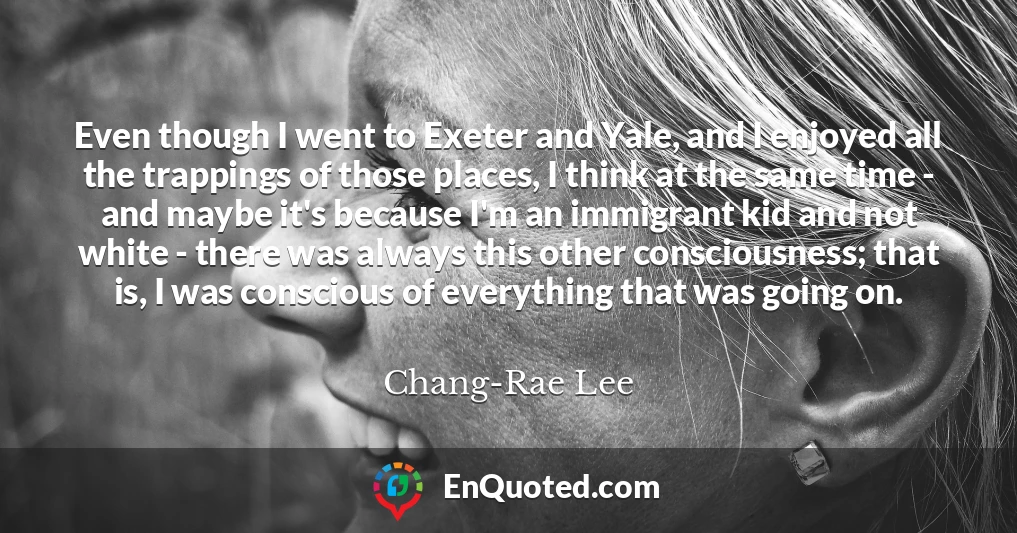 Even though I went to Exeter and Yale, and I enjoyed all the trappings of those places, I think at the same time - and maybe it's because I'm an immigrant kid and not white - there was always this other consciousness; that is, I was conscious of everything that was going on.