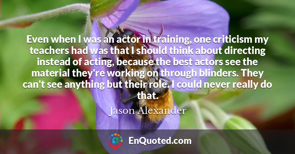 Even when I was an actor in training, one criticism my teachers had was that I should think about directing instead of acting, because the best actors see the material they're working on through blinders. They can't see anything but their role. I could never really do that.