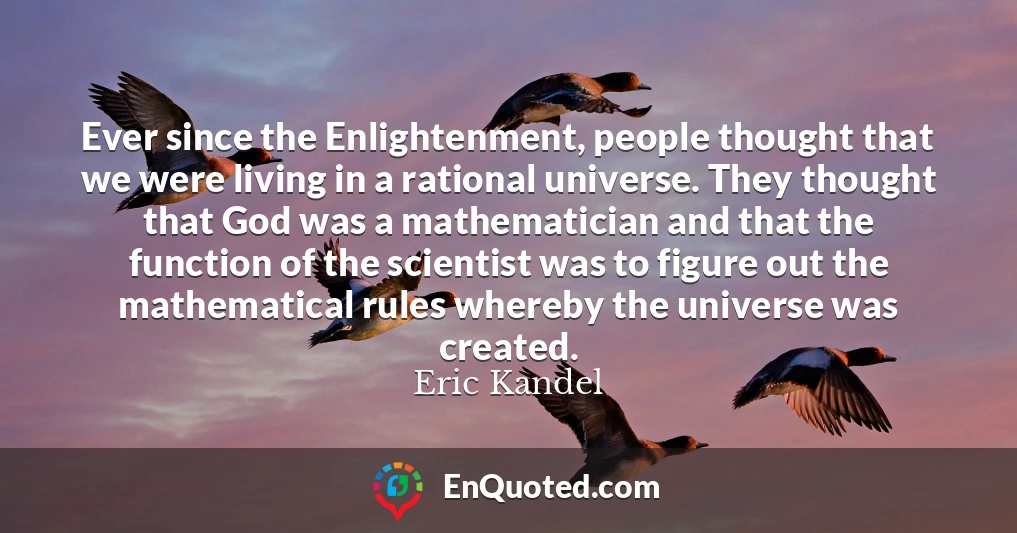 Ever since the Enlightenment, people thought that we were living in a rational universe. They thought that God was a mathematician and that the function of the scientist was to figure out the mathematical rules whereby the universe was created.