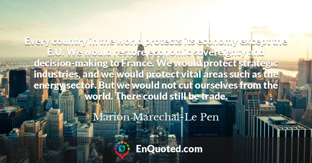 Every country in the world protects its economy except the E.U. We would restore economic sovereignty and decision-making to France. We would protect strategic industries, and we would protect vital areas such as the energy sector. But we would not cut ourselves from the world. There could still be trade.