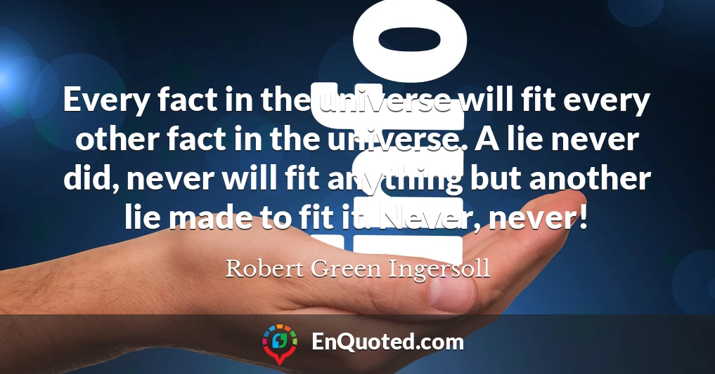 Every fact in the universe will fit every other fact in the universe. A lie never did, never will fit anything but another lie made to fit it. Never, never!