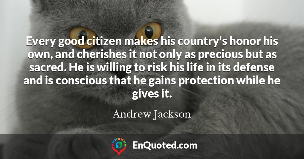 Every good citizen makes his country's honor his own, and cherishes it not only as precious but as sacred. He is willing to risk his life in its defense and is conscious that he gains protection while he gives it.