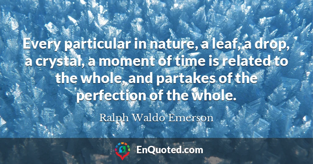 Every particular in nature, a leaf, a drop, a crystal, a moment of time is related to the whole, and partakes of the perfection of the whole.