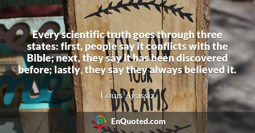Every scientific truth goes through three states: first, people say it conflicts with the Bible; next, they say it has been discovered before; lastly, they say they always believed it.