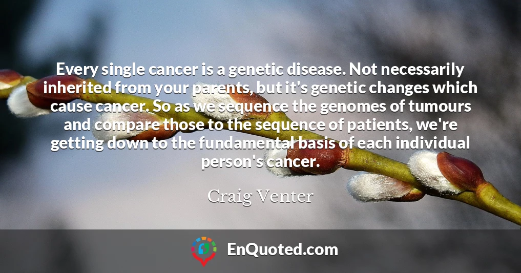 Every single cancer is a genetic disease. Not necessarily inherited from your parents, but it's genetic changes which cause cancer. So as we sequence the genomes of tumours and compare those to the sequence of patients, we're getting down to the fundamental basis of each individual person's cancer.