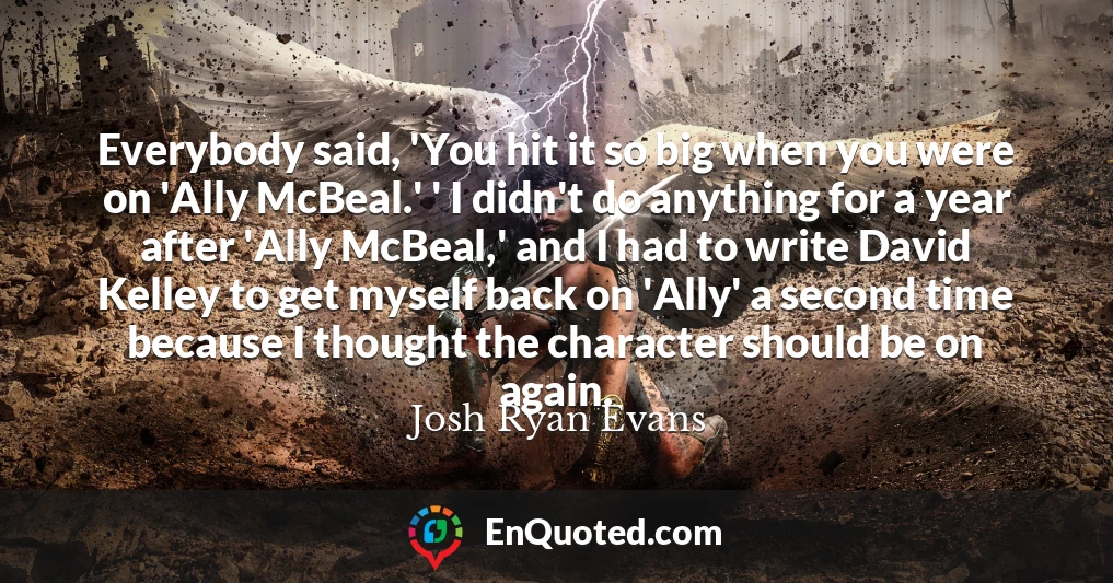 Everybody said, 'You hit it so big when you were on 'Ally McBeal.' ' I didn't do anything for a year after 'Ally McBeal,' and I had to write David Kelley to get myself back on 'Ally' a second time because I thought the character should be on again.