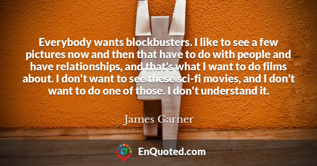 Everybody wants blockbusters. I like to see a few pictures now and then that have to do with people and have relationships, and that's what I want to do films about. I don't want to see these sci-fi movies, and I don't want to do one of those. I don't understand it.