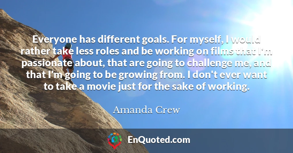 Everyone has different goals. For myself, I would rather take less roles and be working on films that I'm passionate about, that are going to challenge me, and that I'm going to be growing from. I don't ever want to take a movie just for the sake of working.