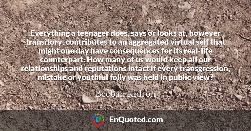 Everything a teenager does, says or looks at, however transitory, contributes to an aggregated virtual self that might one day have consequences for its real-life counterpart. How many of us would keep all our relationships and reputations intact if every transgression, mistake or youthful folly was held in public view?
