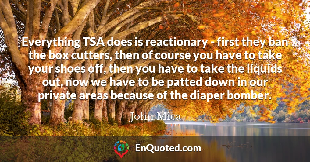Everything TSA does is reactionary - first they ban the box cutters, then of course you have to take your shoes off, then you have to take the liquids out, now we have to be patted down in our private areas because of the diaper bomber.