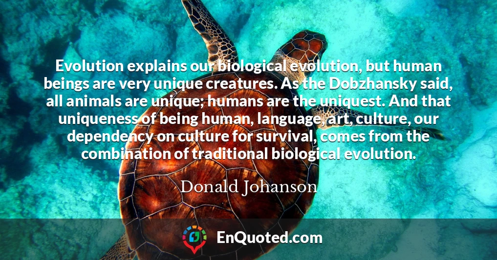 Evolution explains our biological evolution, but human beings are very unique creatures. As the Dobzhansky said, all animals are unique; humans are the uniquest. And that uniqueness of being human, language, art, culture, our dependency on culture for survival, comes from the combination of traditional biological evolution.