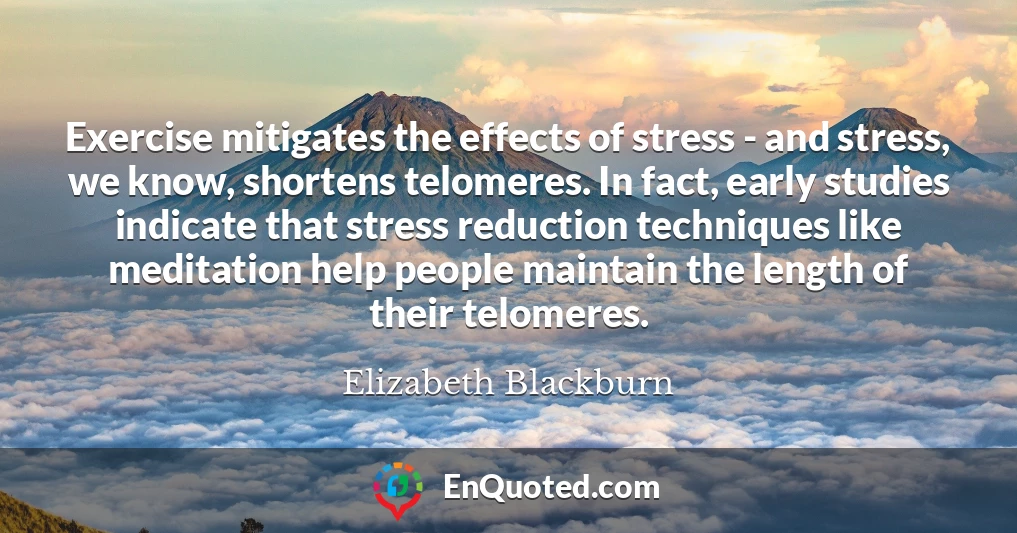 Exercise mitigates the effects of stress - and stress, we know, shortens telomeres. In fact, early studies indicate that stress reduction techniques like meditation help people maintain the length of their telomeres.