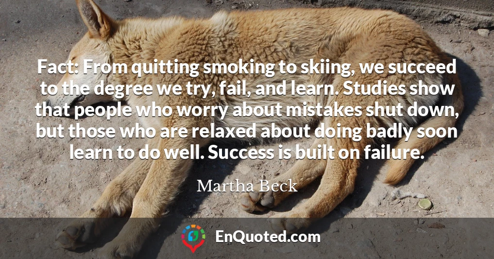 Fact: From quitting smoking to skiing, we succeed to the degree we try, fail, and learn. Studies show that people who worry about mistakes shut down, but those who are relaxed about doing badly soon learn to do well. Success is built on failure.