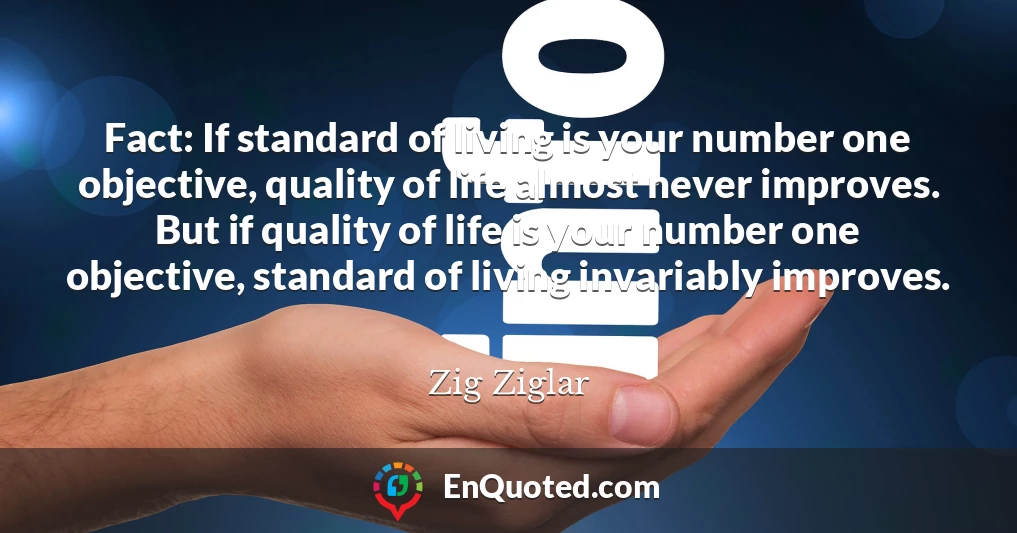 Fact: If standard of living is your number one objective, quality of life almost never improves. But if quality of life is your number one objective, standard of living invariably improves.