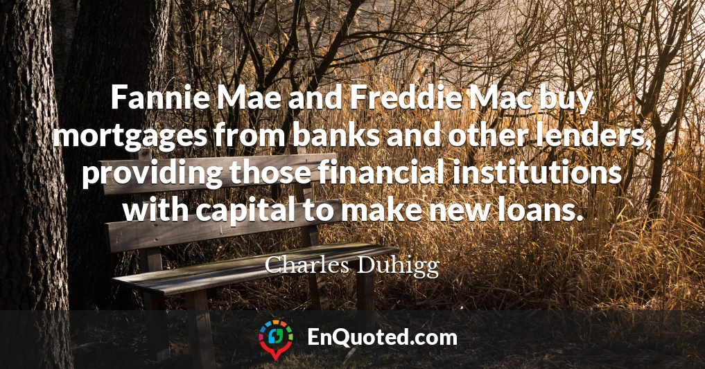Fannie Mae and Freddie Mac buy mortgages from banks and other lenders, providing those financial institutions with capital to make new loans.