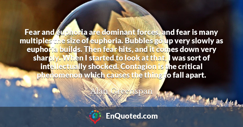 Fear and euphoria are dominant forces, and fear is many multiples the size of euphoria. Bubbles go up very slowly as euphoria builds. Then fear hits, and it comes down very sharply. When I started to look at that, I was sort of intellectually shocked. Contagion is the critical phenomenon which causes the thing to fall apart.