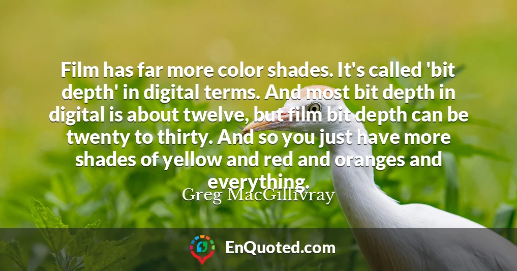 Film has far more color shades. It's called 'bit depth' in digital terms. And most bit depth in digital is about twelve, but film bit depth can be twenty to thirty. And so you just have more shades of yellow and red and oranges and everything.