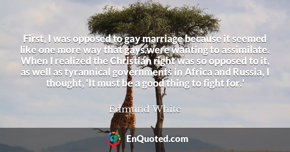 First, I was opposed to gay marriage because it seemed like one more way that gays were wanting to assimilate. When I realized the Christian right was so opposed to it, as well as tyrannical governments in Africa and Russia, I thought, 'It must be a good thing to fight for.'
