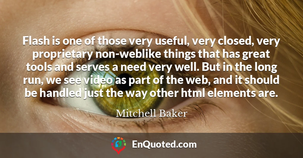 Flash is one of those very useful, very closed, very proprietary non-weblike things that has great tools and serves a need very well. But in the long run, we see video as part of the web, and it should be handled just the way other html elements are.