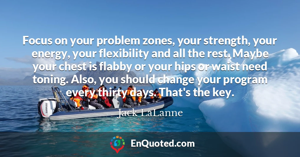 Focus on your problem zones, your strength, your energy, your flexibility and all the rest. Maybe your chest is flabby or your hips or waist need toning. Also, you should change your program every thirty days. That's the key.