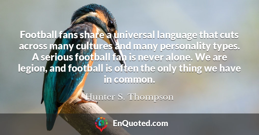 Football fans share a universal language that cuts across many cultures and many personality types. A serious football fan is never alone. We are legion, and football is often the only thing we have in common.