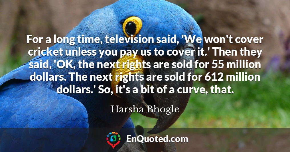 For a long time, television said, 'We won't cover cricket unless you pay us to cover it.' Then they said, 'OK, the next rights are sold for 55 million dollars. The next rights are sold for 612 million dollars.' So, it's a bit of a curve, that.