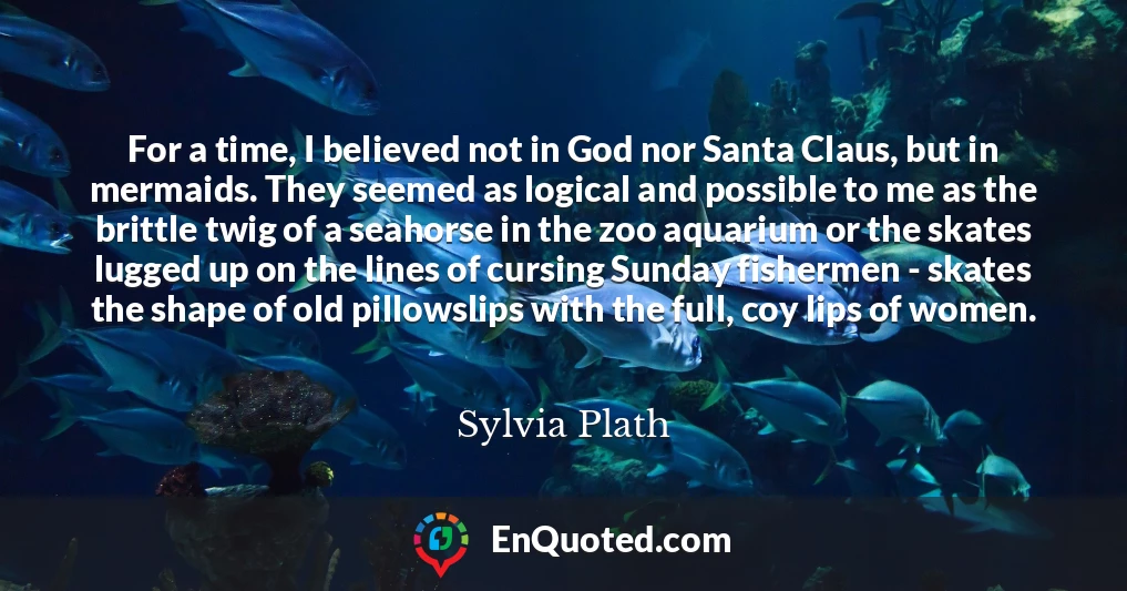 For a time, I believed not in God nor Santa Claus, but in mermaids. They seemed as logical and possible to me as the brittle twig of a seahorse in the zoo aquarium or the skates lugged up on the lines of cursing Sunday fishermen - skates the shape of old pillowslips with the full, coy lips of women.