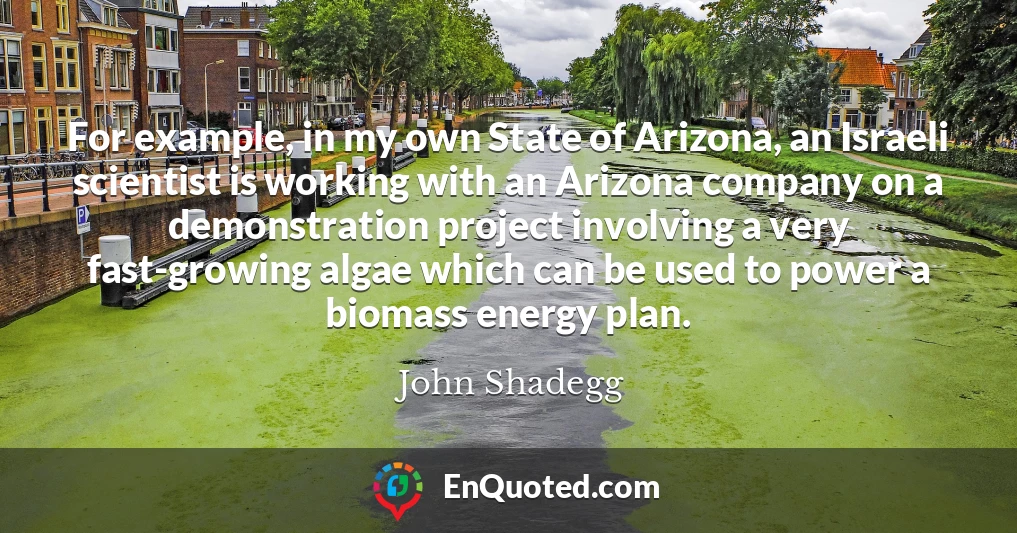 For example, in my own State of Arizona, an Israeli scientist is working with an Arizona company on a demonstration project involving a very fast-growing algae which can be used to power a biomass energy plan.