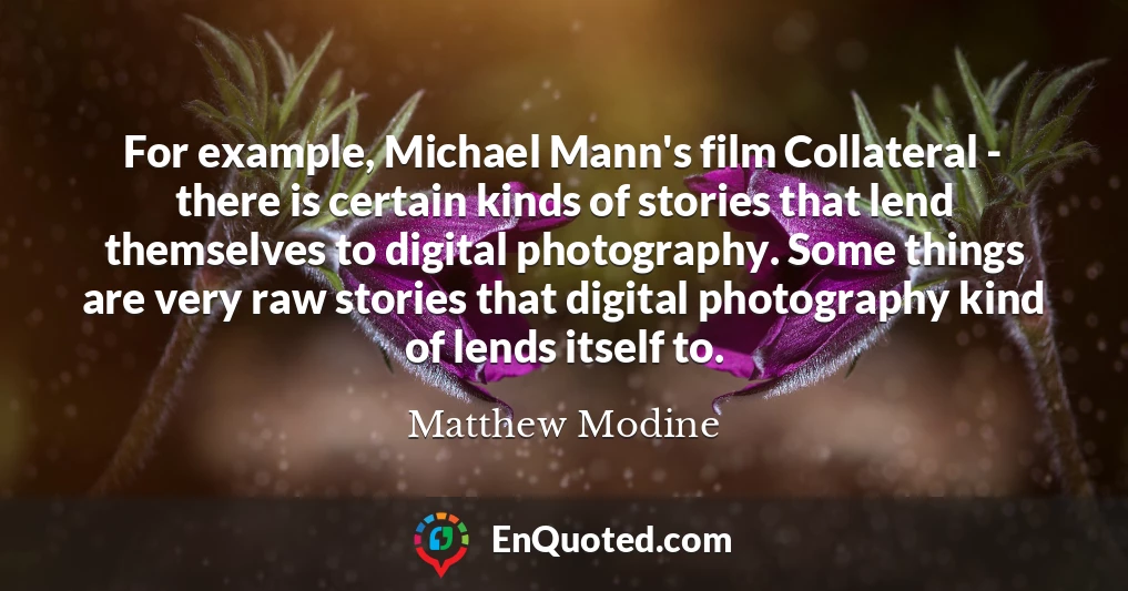 For example, Michael Mann's film Collateral - there is certain kinds of stories that lend themselves to digital photography. Some things are very raw stories that digital photography kind of lends itself to.