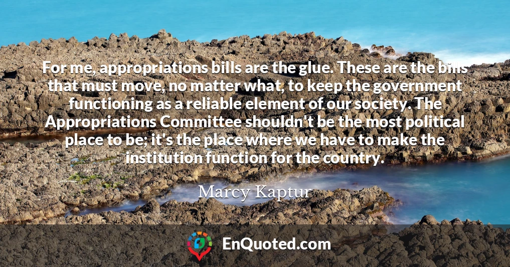 For me, appropriations bills are the glue. These are the bills that must move, no matter what, to keep the government functioning as a reliable element of our society. The Appropriations Committee shouldn't be the most political place to be; it's the place where we have to make the institution function for the country.
