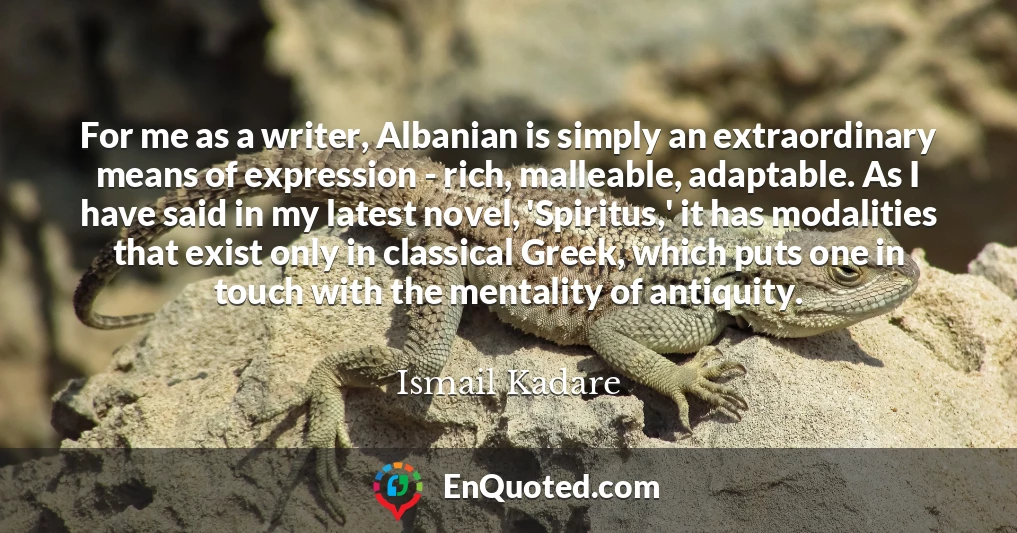 For me as a writer, Albanian is simply an extraordinary means of expression - rich, malleable, adaptable. As I have said in my latest novel, 'Spiritus,' it has modalities that exist only in classical Greek, which puts one in touch with the mentality of antiquity.