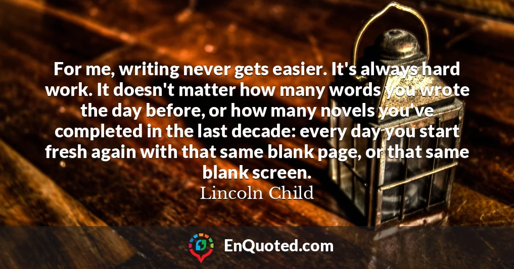 For me, writing never gets easier. It's always hard work. It doesn't matter how many words you wrote the day before, or how many novels you've completed in the last decade: every day you start fresh again with that same blank page, or that same blank screen.