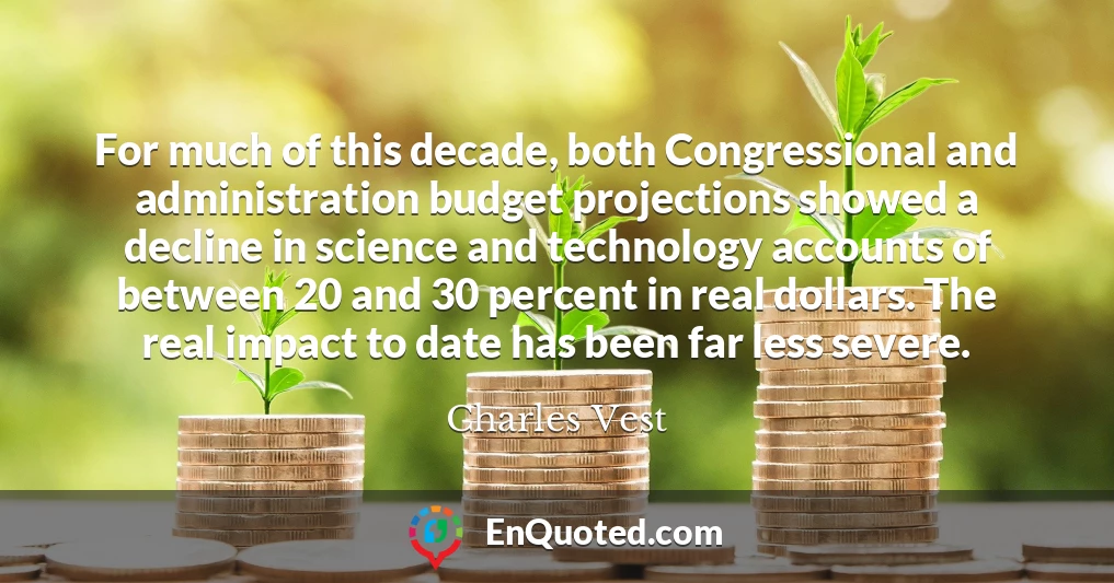 For much of this decade, both Congressional and administration budget projections showed a decline in science and technology accounts of between 20 and 30 percent in real dollars. The real impact to date has been far less severe.