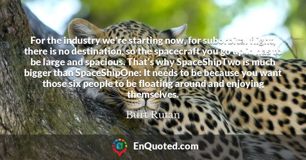 For the industry we're starting now, for suborbital flight, there is no destination, so the spacecraft you go up in has to be large and spacious. That's why SpaceShipTwo is much bigger than SpaceShipOne: It needs to be because you want those six people to be floating around and enjoying themselves.