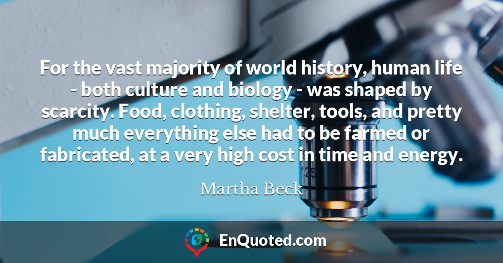 For the vast majority of world history, human life - both culture and biology - was shaped by scarcity. Food, clothing, shelter, tools, and pretty much everything else had to be farmed or fabricated, at a very high cost in time and energy.