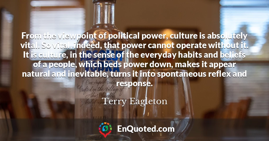 From the viewpoint of political power, culture is absolutely vital. So vital, indeed, that power cannot operate without it. It is culture, in the sense of the everyday habits and beliefs of a people, which beds power down, makes it appear natural and inevitable, turns it into spontaneous reflex and response.
