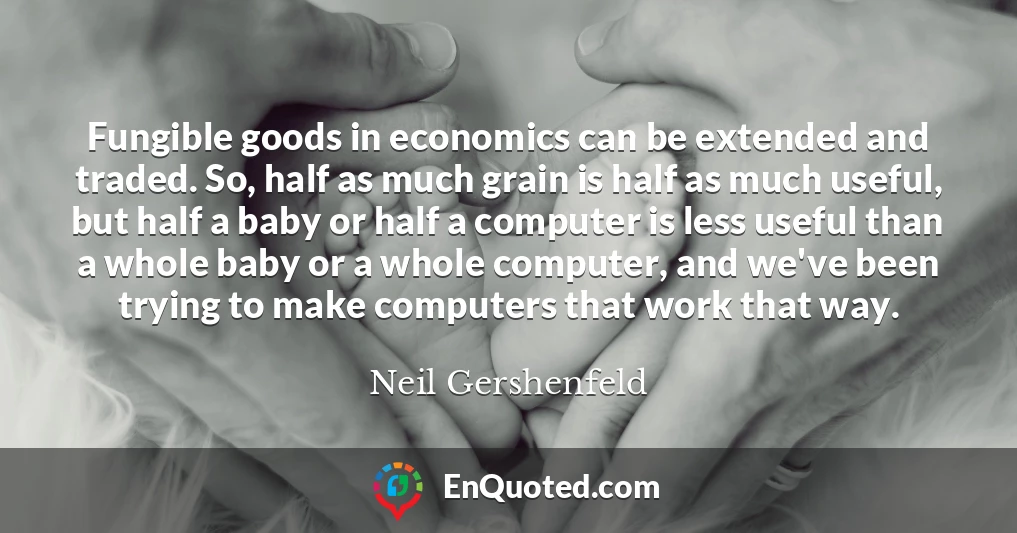 Fungible goods in economics can be extended and traded. So, half as much grain is half as much useful, but half a baby or half a computer is less useful than a whole baby or a whole computer, and we've been trying to make computers that work that way.
